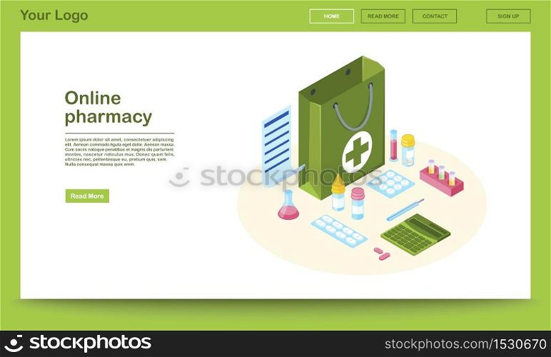 Online pharmacy website isometric template. 3d drugstore bag with prescription list. Pills, capsules in blisters for online order. Bottles with mixtures, vitamin supplements. Medication internet store