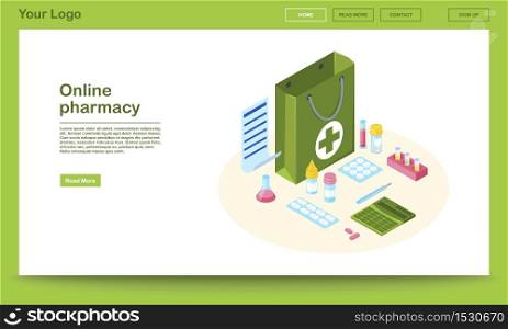 Online pharmacy website isometric template. 3d drugstore bag with prescription list. Pills, capsules in blisters for online order. Bottles with mixtures, vitamin supplements. Medication internet store