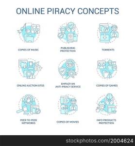 Online piracy blue concept icons set. Copyrighted content idea thin line color illustrations. Copies of music. Anti-piracy service. Torrents usage. Vector isolated outline drawings. Editable stroke. Online piracy blue concept icons set