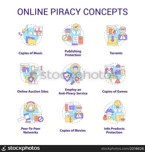 Online piracy concept icons set. Copyrighted content idea thin line color illustrations. Copies of music. Anti-piracy service. Publishing protection. Vector isolated outline drawings. Editable stroke. Online piracy concept icons set