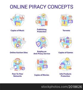 Online piracy concept icons set. Copyrighted content idea thin line color illustrations. Copies of music. Anti-piracy service. Publishing protection. Vector isolated outline drawings. Editable stroke. Online piracy concept icons set
