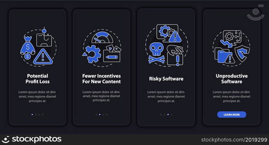 Online piracy disadvantages onboarding mobile app page screen. Risky software walkthrough 4 steps graphic instructions with concepts. UI, UX, GUI vector template with linear night mode illustrations. Online piracy disadvantages onboarding mobile app page screen