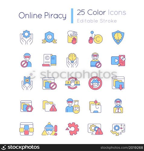 Online piracy RGB color icons set. Theft prevention. Technical issues. Copyright infringement. Security risks. Isolated vector illustrations. Simple filled line drawings collection. Editable stroke. Online piracy RGB color icons set