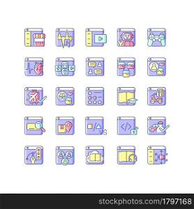 Online platforms RGB color icons set. E-commerce. Digital music. Social networks. Share medical data. Playing video games. Isolated vector illustrations. Simple filled line drawings collection. Online platforms RGB color icons set