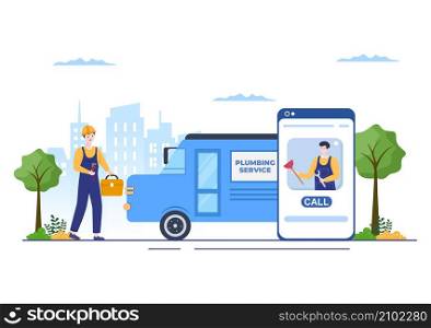 Online Plumbing Service with Plumber Workers Repair, Maintenance Fix Home and Cleaning Bathroom Equipment in Flat Background Illustration
