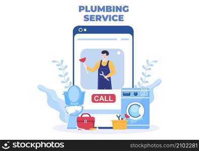 Online Plumbing Service with Plumber Workers Repair, Maintenance Fix Home and Cleaning Bathroom Equipment in Flat Background Illustration