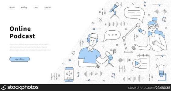 Online podcast banner with speaking people in headphones, microphones and sound studio tools. Vector landing page of broadcast, radio talk show with doodle illustration. Online podcast banner with people in headphones