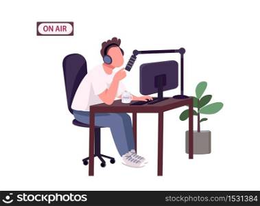 Online podcast host flat color vector faceless character. Caucasian guy with headphones and microphone isolated cartoon illustration for web graphic design and animation. Internet radio DJ. Online podcast host flat color vector faceless character