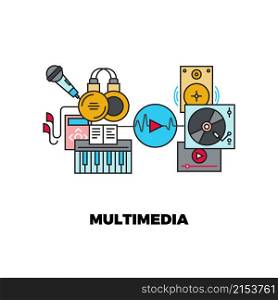 Online podcast. Radio music web service, headphones microphone outline icons. Musical app vector concept. Illustration of microphone equipment and entertainment music. Online podcast. Radio music web service, headphones microphone outline icons. Musical app vector concept