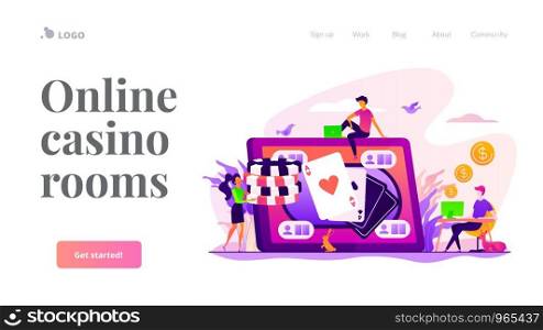 Online poker, internet gambling, online casino rooms and online poker table concept. Website homepage interface UI template. Landing web page with infographic concept hero header image.. Online poker landing page template.
