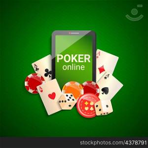 Online poker via mobile devices. Banner with phone, poker cards, playing dice, chips. Online Casino in smartphone. Advertising or invitation poster template on green background.Vector illustration.. Online poker advertise.