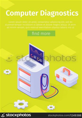 Online Poster Offering Auto Engine Computer Diagnostics on Modern Equipment. Planning Maintenance at Professional Car Repair Service. 3d Vector Illustration with Isometric Scanner and Toolbox Icons. Online Poster Offering Car Computer Diagnostics