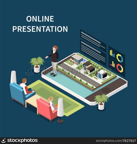 Online presentation and conference concept with work from home symbols isometric vector illustration