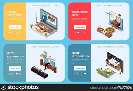 Online presentation concept set with online conference symbols isometric isolated vector illustration