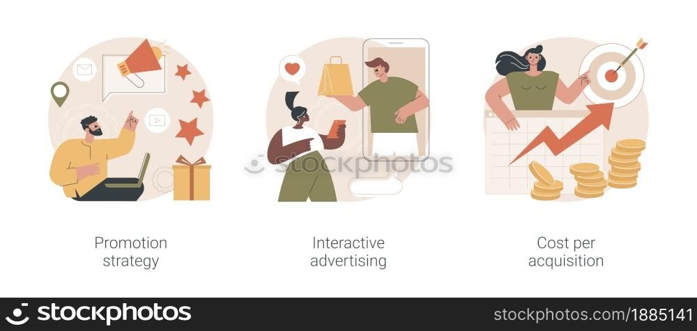 Online product promotion abstract concept vector illustration set. Promotion strategy, interactive advertising, cost per acquisition, customer loyalty, target audience, brand sales abstract metaphor.. Online product promotion abstract concept vector illustrations.