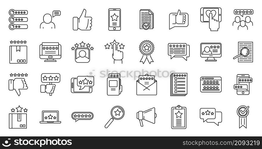Online product review icons set outline vector. Digital sale. Customer feedback. Online product review icons set outline vector. Digital sale