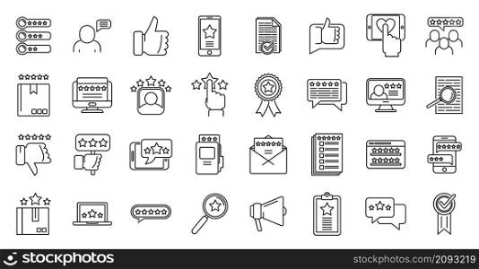 Online product review icons set outline vector. Digital sale. Customer feedback. Online product review icons set outline vector. Digital sale