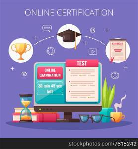 Online professional certificate programs courses examination test advertising cartoon composition with computer monitor graduation cap vector illustration