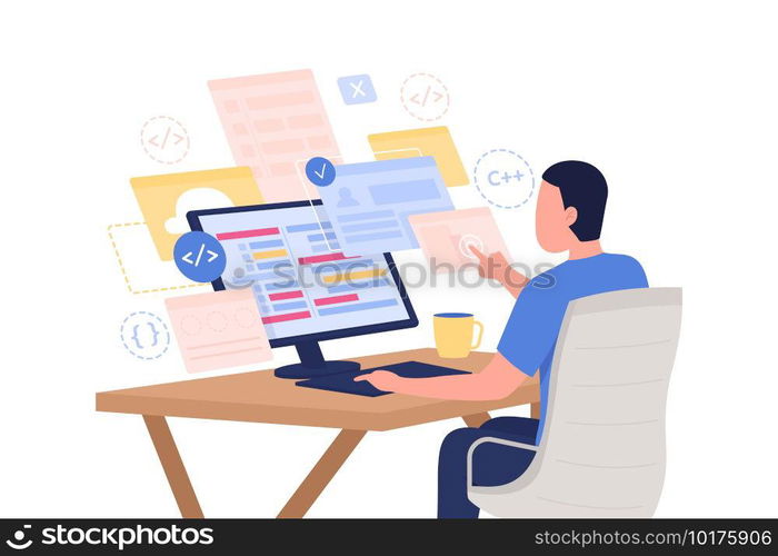 Online programming course flat concept vector illustration. Computer engineer. Male programmer 2D cartoon character for web design. Professional training through internet creative idea. Online programming course flat concept vector illustration