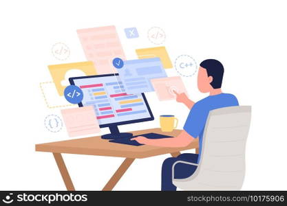 Online programming course flat concept vector illustration. Computer engineer. Male programmer 2D cartoon character for web design. Professional training through internet creative idea. Online programming course flat concept vector illustration