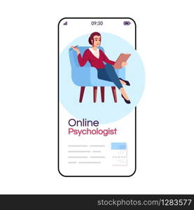 Online psychologist cartoon smartphone vector app screen. Psychology consultation. Psychotherapy. Mobile phone display with flat character design mockup. Application telephone cute interface