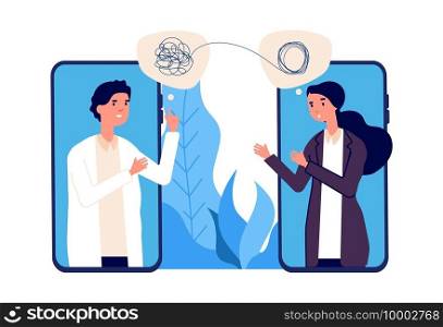 Online psychotherapy concept. Psychologist doctor helps patient to unravel tangled thoughts. Psychological problems, mental disorder. Online help vector illustration. Online psychiatrist consultation. Online psychotherapy concept. Psychologist doctor helps patient to unravel tangled thoughts. Psychological problems, mental disorder. Online help vector illustration