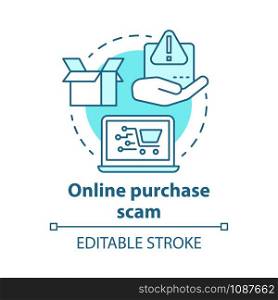 Online purchase scam concept icon. Identity and money theft via internet shopping fraud. Cybercrime. Buying on fake site idea thin line illustration. Vector isolated outline drawing. Editable stroke