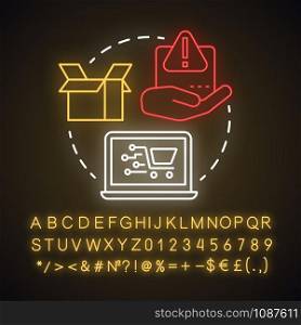 Online purchase scam neon light concept icon. Identity and money theft via internet shopping fraud. Cybercrime idea. Glowing sign with alphabet, numbers and symbols. Vector isolated illustration
