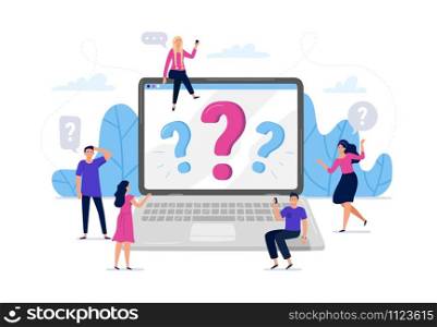 Online question answers search. Question sign on laptop computer screen, confused people asking questions vector illustration. Men and women using laptop, searching for problem solution on internet. Online question answers search. Question sign on laptop computer screen, confused people asking questions vector illustration. Men and women using laptop, searching for problem solution online