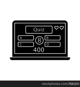 Online quiz glyph icon. Play intellectual game. Lottery. Online test. Computer games. Silhouette symbol. Negative space. Vector isolated illustration. Online quiz glyph icon