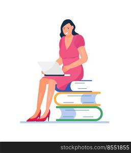 Online reading concept vector. Online library, dictionary, university. The girl sits with a laptop on big books. Distance learning, with student studying.. Online reading concept vector. Online library, dictionary, university. The girl sits with a laptop on big books.
