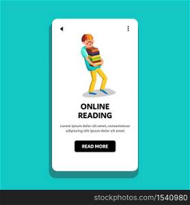Online Reading E-book Library Education Vector. Internet Online Reading Literature Electronic Digital Books. Character Literacy Boy Student Studying And Learning Web Flat Cartoon Illustration. Online Reading E-book Library Education Vector