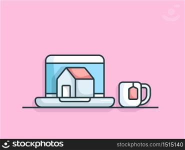 online real estate concept laptop with home and coffee cup vector illustration flat design