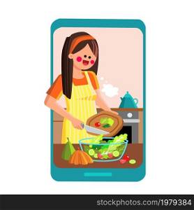 online recipe woman. kitchen online recipe app. cooking digital video. culinary class. gastronomy workshop vector character flat cartoon Illustration. online recipe kitchen vector