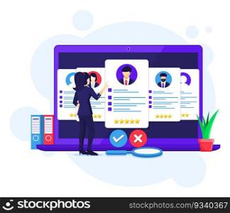 Online recruitment concept, businesswoman search and choose a candidate for the new employee, hiring, recruitment process vector illustration