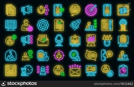 Online recruitment icons set. Outline set of online recruitment vector icons neon color on black. Online recruitment icons set vector neon