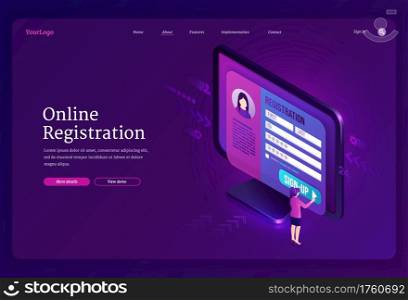 Online registration isometric landing page. Tiny woman push sign up button and enter password and login to internet account register form on huge pc. Secure network authentication 3d vector web banner. Online registration isometric landing page, banner