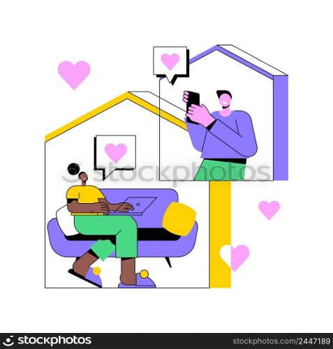 Online relationships abstract concept vector illustration. Romantic couple, girlfriend and boyfriend online meeting, virtual dating, social network, video application, romance abstract metaphor.. Online relationships abstract concept vector illustration.