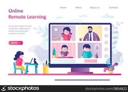 Online remote learning landing page template. Schoolgirl at workplace, video conference with teacher and schoolchildren. Internet education application. Home schooling concept.Flat vector illustration. Online remote learning landing page template. Schoolgirl at workplace, video conference with teacher and schoolchildren.