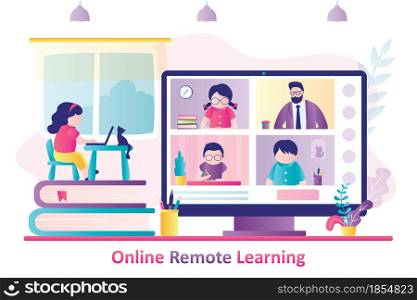 Online remote learning. Schoolgirl at workplace, video conference with teacher and other schoolchildren. Display with internet education application. Home schooling concept. Flat vector illustration. Online remote learning. Schoolgirl at workplace, video conference with teacher and other schoolchildren.