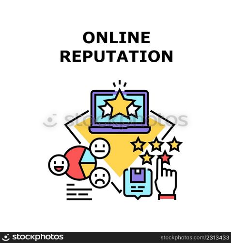 Online Reputation Vector Icon Concept. User Rating Or Customer Feedback For Delivery Service Or Goods Quality, Online Reputation Chart Researching Businessman On Laptop Color Illustration. Online Reputation Vector Concept Illustration