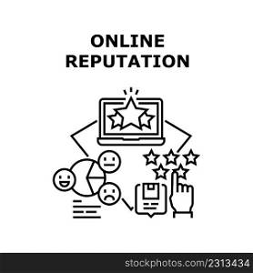 Online Reputation Vector Icon Concept. User Rating Or Customer Feedback For Delivery Service Or Goods Quality, Online Reputation Chart Researching Businessman On Laptop Black Illustration. Online Reputation Vector Concept Illustration