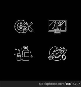 Online retail white linear icons set for dark theme. Car and auto parts. Home entertainment. Night mode customizable thin line symbols. Isolated vector outline illustrations. Editable stroke. Online retail white linear icons set for dark theme