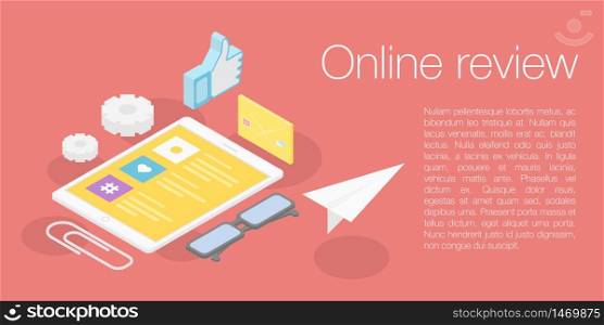 Online review concept banner. Isometric illustration of online review vector concept banner for web design. Online review concept banner, isometric style