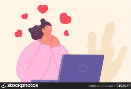 Online romantic. Girl at laptop in love, web dating service character. Cute young woman loving computer or social networks utter vector scene. Illustration romantic girl at laptop, woman romance. Online romantic. Girl at laptop in love, web dating service character. Cute young woman loving computer or social networks utter vector scene
