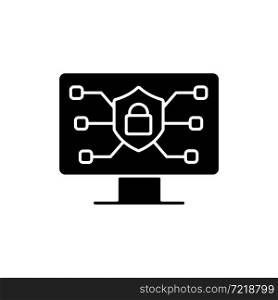 Online safety black glyph icon. Securing internet connection. Protecting wireless network. Security consciousness. Staying safe online. Silhouette symbol on white space. Vector isolated illustration. Online safety black glyph icon