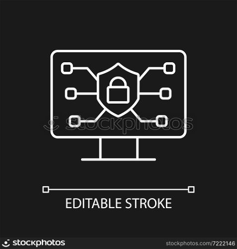 Online safety white linear icon for dark theme. Securing internet connection. Protecting network. Thin line customizable illustration. Isolated vector contour symbol for night mode. Editable stroke. Online safety white linear icon for dark theme