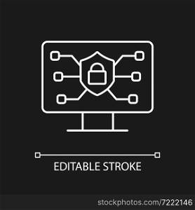 Online safety white linear icon for dark theme. Securing internet connection. Protecting network. Thin line customizable illustration. Isolated vector contour symbol for night mode. Editable stroke. Online safety white linear icon for dark theme
