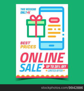 Online Sale Creative Promotional Banner Vector. Store Internet Network Shopping Mobile Phone Application And Present On Advertising Poster. Concept Template Style Color Illustration. Online Sale Creative Promotional Banner Vector