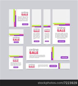 Online sale creative web banner design template. Vector flyer with text space. Advertising placard with customized copyspace. Promotional printable poster for advertising. Graphic layout. Online sale creative web banner design template